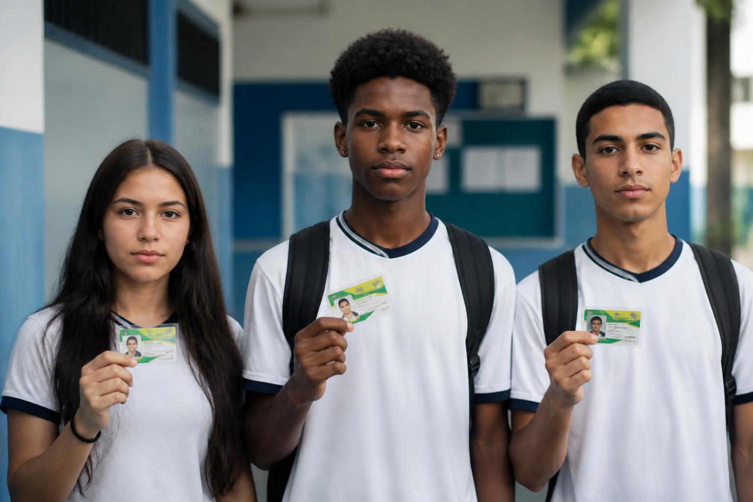 Estudantes segurando carteirinha estudantil em ambiente escolar